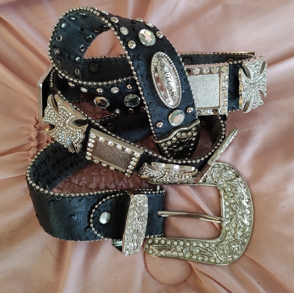 BLACK LEATHER SILVER and CRYSTAL EMBELLISHED BELT 36" - Picture 4 of 17